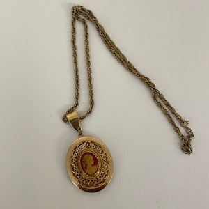 Vintage Gold Tone Cameo Locket Necklace with long chain